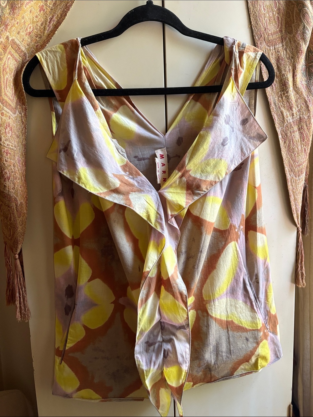 Marni Yellow and Brown Floral Ruffled Sleeveless Blouse